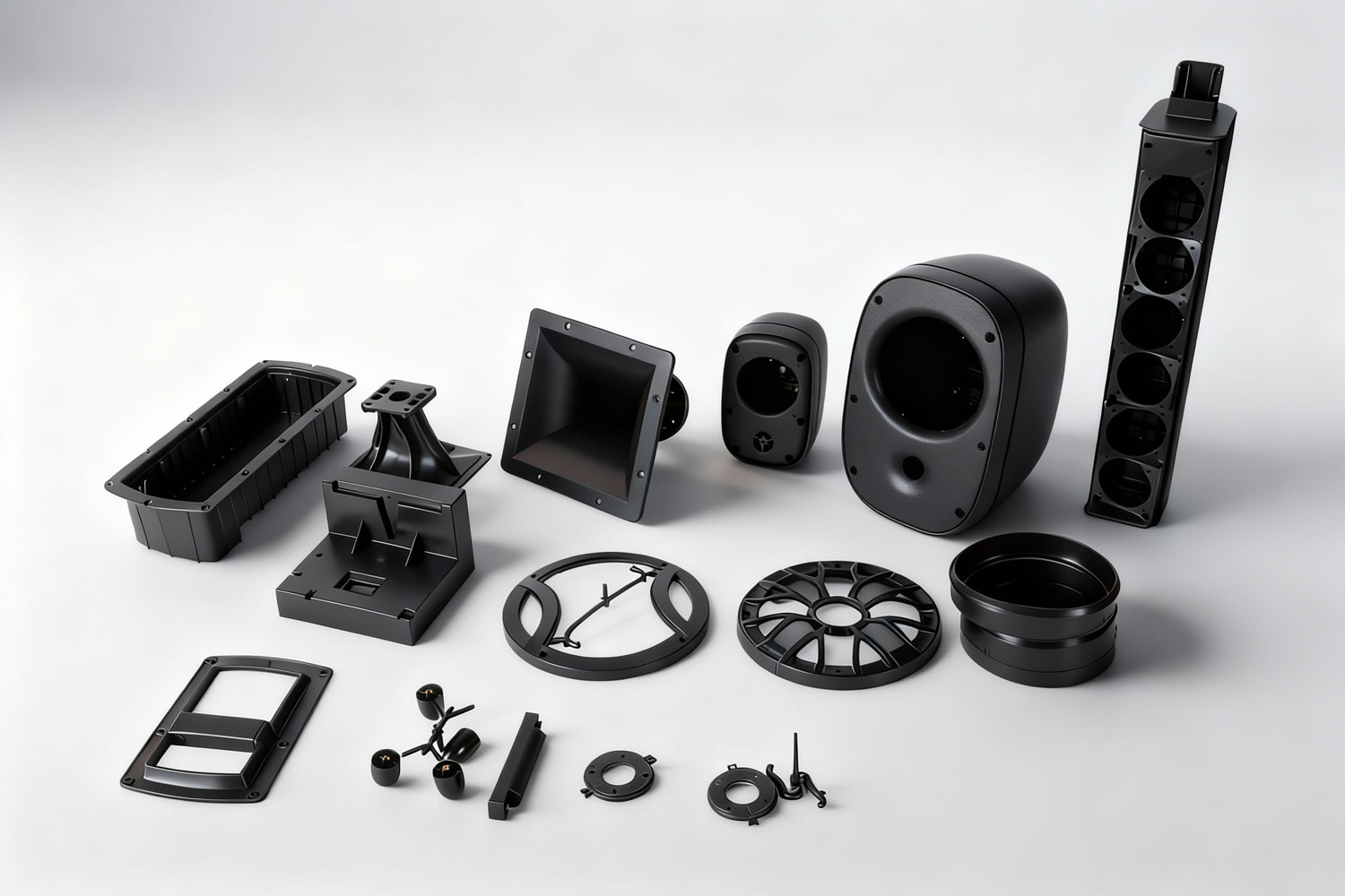 GP Mold, Injection molds for speaker components, including grille, basket, and magnet housing plastic molds.  Injection mold manufacturer, China injection molds